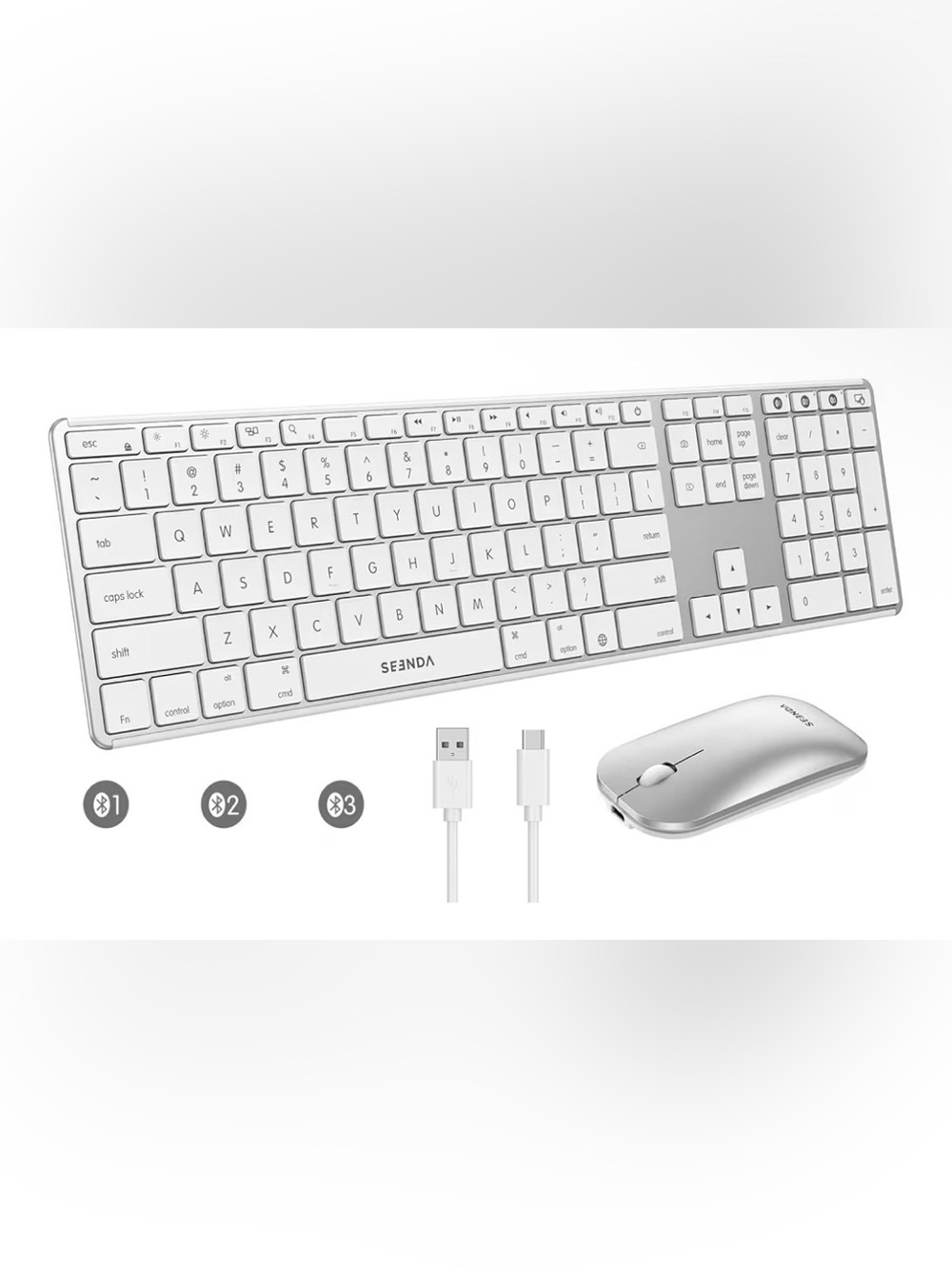 seenda COS500 Bluetooth Keyboard and Mouse, Slim, White/Silver
Rechargeable
